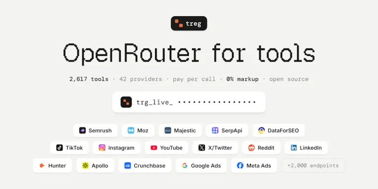 Скриншот интерфейса Treg с поиском API для SEO и соцсетей