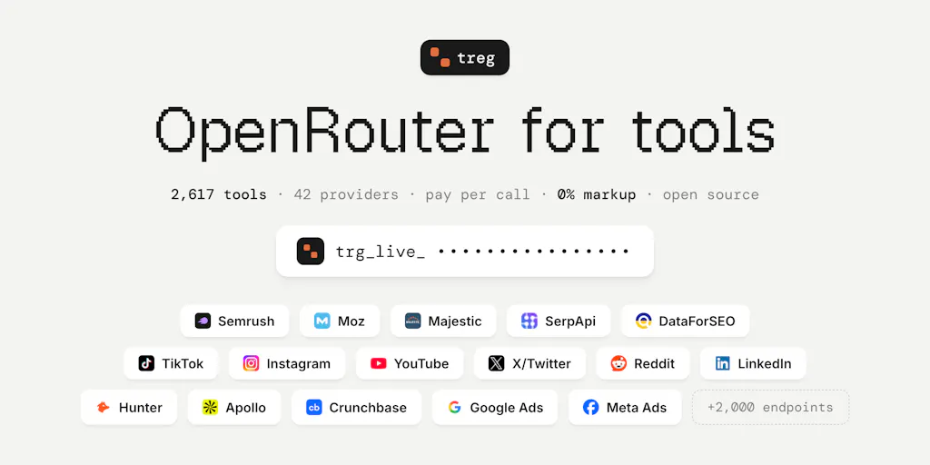 Скриншот интерфейса Treg с поиском API для SEO и соцсетей