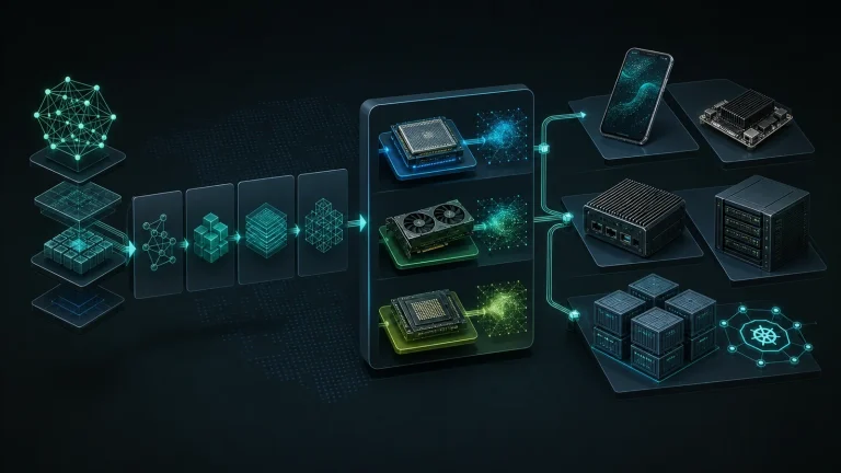 Схема стека Edge AI: модель, конвертация и оптимизация, runtime, CPU/GPU/NPU, упаковка, запуск на устройстве или локальном сервере и опциональная оркестрация