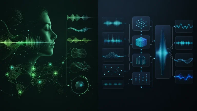 Сравнение двух API синтеза речи: слева голосовая платформа с waveform и языковыми настройками, справа speech API с модельными параметрами и аудиопотоком