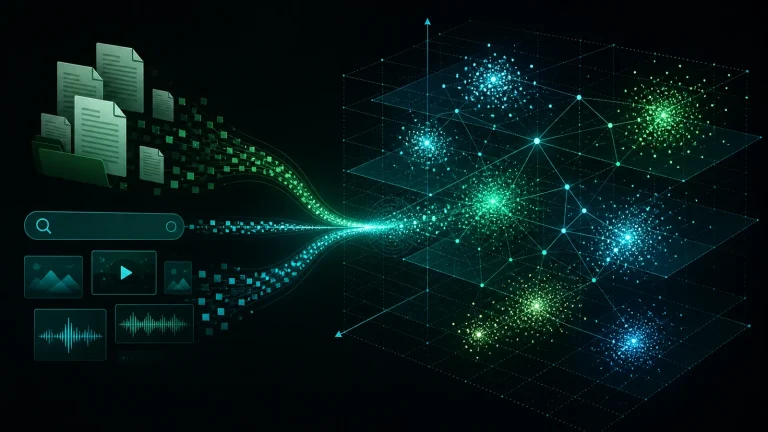 Схема процесса: текст, запрос или изображение проходят через embedding-модель, превращаются в вектор фиксированной длины и затем сравниваются по близости для поиска или кластеризации.