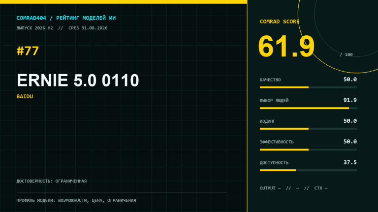 ERNIE 5.0 0110 — профиль модели Baidu с показателями COMRAD404 и LMArena