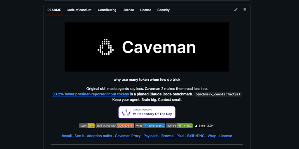 Интерфейс AI-агента Caveman с минималистичными ответами на примитивном английском