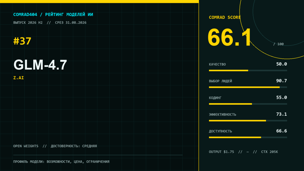 GLM-4.7 от Z.ai — профиль модели с рейтингом COMRAD404, открытыми весами и API-метриками