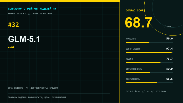 GLM-5.1 от Z.ai — профиль модели с рейтингом COMRAD404, ценой API и кодовым суббаллом
