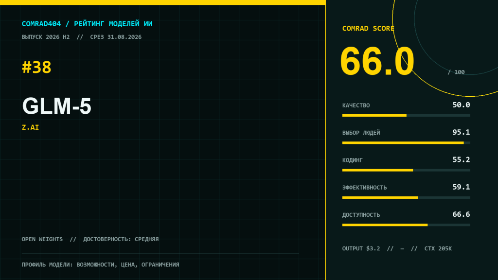 Профиль модели GLM-5 от Z.ai с COMRAD Score 66,0 и разбором пяти суббаллов