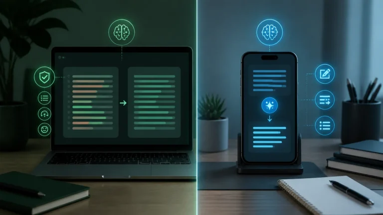 Сравнение двух AI-редакторов текста на экране ноутбука и смартфона: один акцентирует грамматику и тон, другой — переписывание и суммаризацию