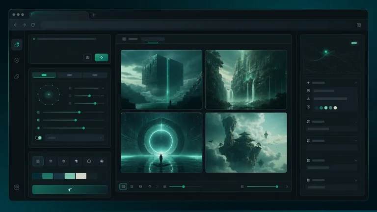Интерфейс Ideogram в браузере: поле Prompt Box, выбор модели, сетка сгенерированных изображений и панель Details
