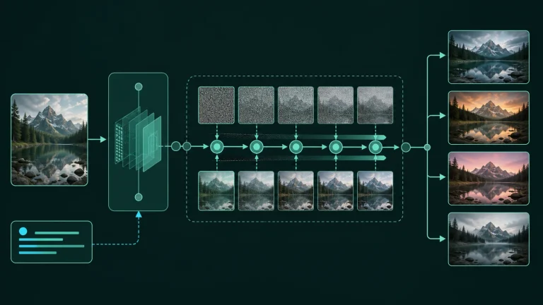 Схема работы Image-to-Image: исходное изображение и текстовая инструкция поступают в модель, затем выполняется управляемое преобразование или diffusion-реденойзинг, после чего формируется новое изображение, согласованное с входом.