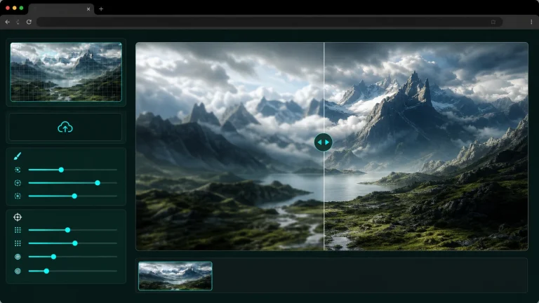 Интерфейс Magnific Image Upscaler с загруженным изображением и выбором режимов Creative и Precision