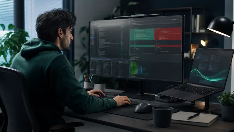 Окно ChatGPT с кодом, diff исправления и проверкой результата в IDE на macOS