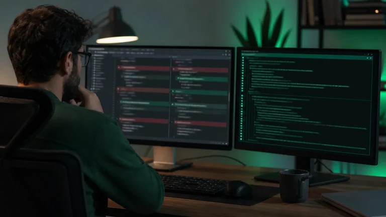 Разработчик проверяет pull request в GitHub и локальный вывод Claude Code Review в терминале