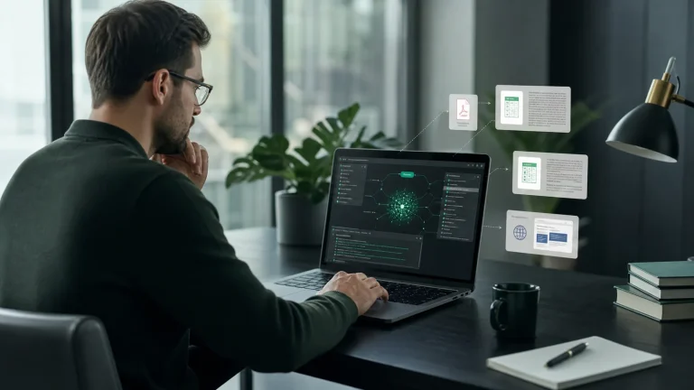Исследователь работает в Gemini Notebook на ноутбуке, анализируя PDF, таблицу и веб-источник с проверкой цитат