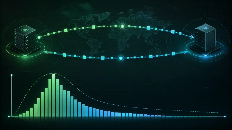 Схема, показывающая разницу между service latency, network latency и RTT, а также переход от множества измерений к histogram и tail latency