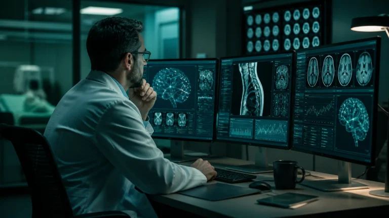 Врач за рабочей станцией сравнивает AI-инструменты для клинической документации и поиска медицинских доказательств