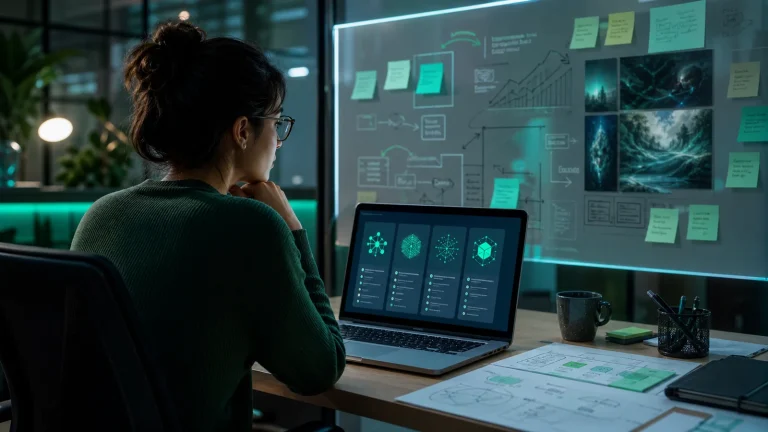 Продакт-менеджер сравнивает AI-инструменты для discovery, roadmap и синтеза фидбэка на ноутбуке и цифровой доске