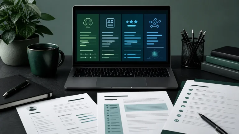 Сравнение AI-сервисов для резюме и cover letter на экране ноутбука с документами отклика на работу