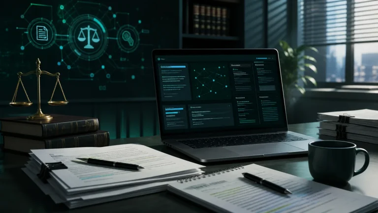 Сравнение AI-инструментов для юристов на рабочем столе с юридическими документами и экраном legal research