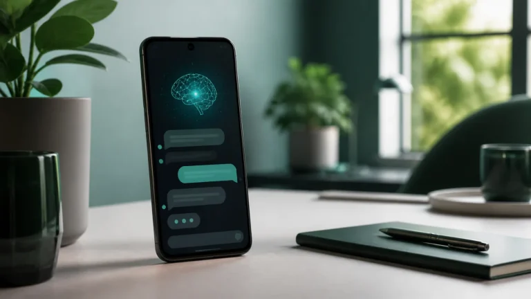 Смартфон Android с абстрактным интерфейсом AI-приложений на рабочем столе