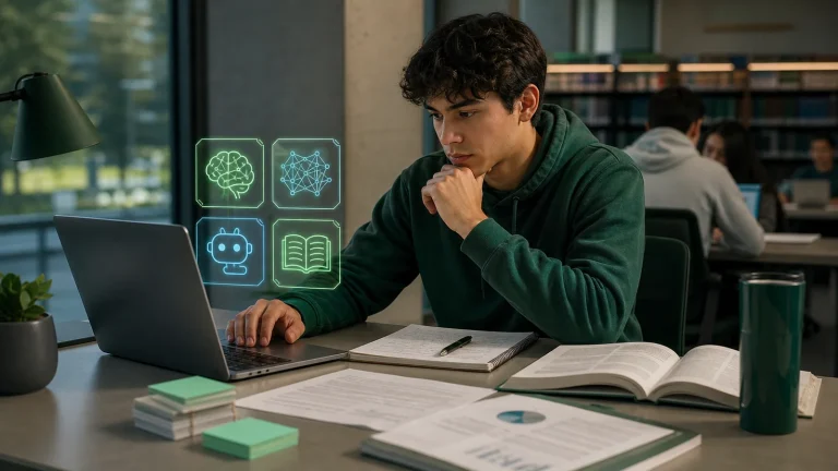 Студент сравнивает AI-инструменты для учебы на ноутбуке: конспекты, карточки, поиск по источникам и редактирование текста