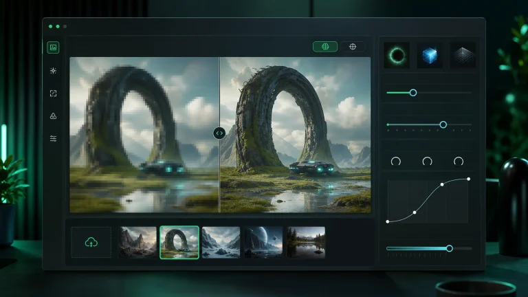 Интерфейс Magnific Image Upscaler с выбором режимов Creative и Precision и сравнением результата с оригиналом