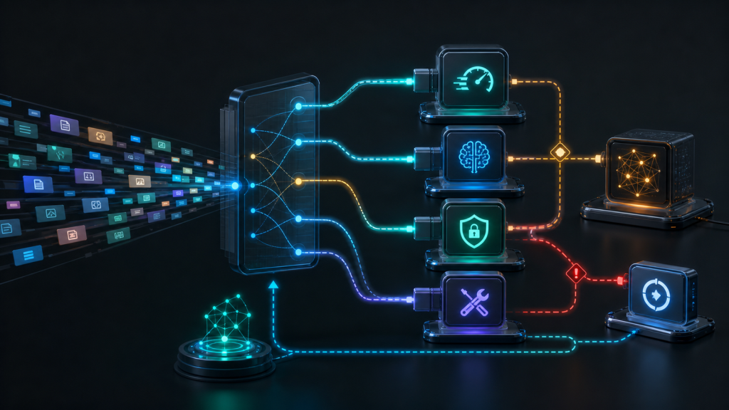 Схема маршрутизации AI-моделей для этапов агента с classifier, escalation, session affinity, fallback и измерением успешного результата