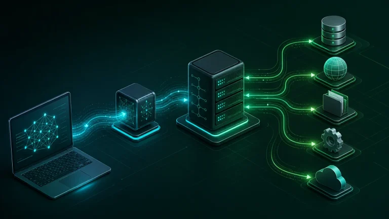 Схема MCP: host-приложение с LLM обращается через JSON-RPC 2.0 к MCP client, затем к MCP server и внешним инструментам и источникам данных; в каждом запросе передаются метаданные в _meta.