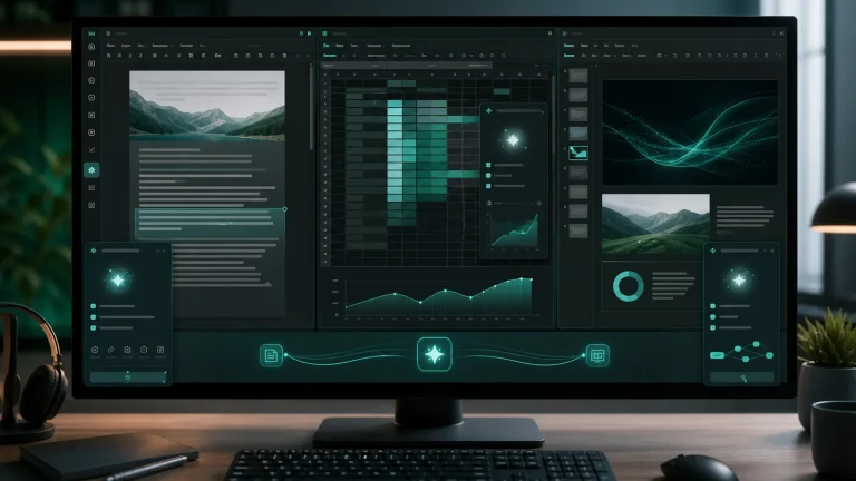 Интерфейс Microsoft 365 Copilot в рабочей среде с документом, таблицей и презентацией