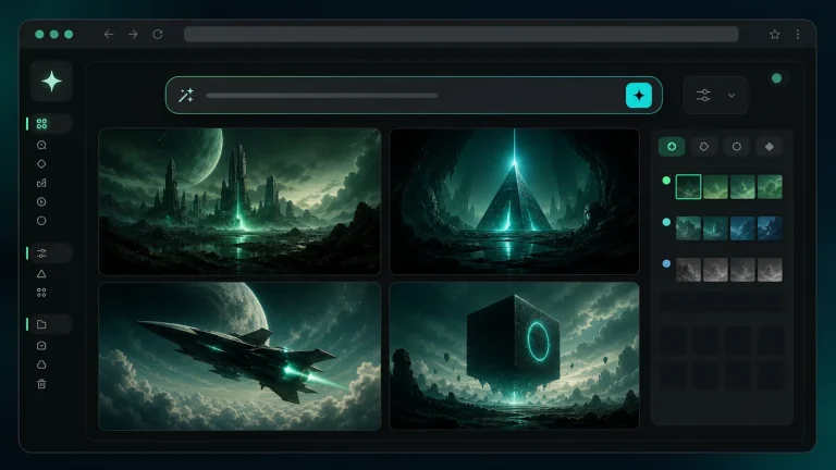 Интерфейс Midjourney в браузере со страницей Create, полем Imagine и сеткой из четырёх сгенерированных изображений