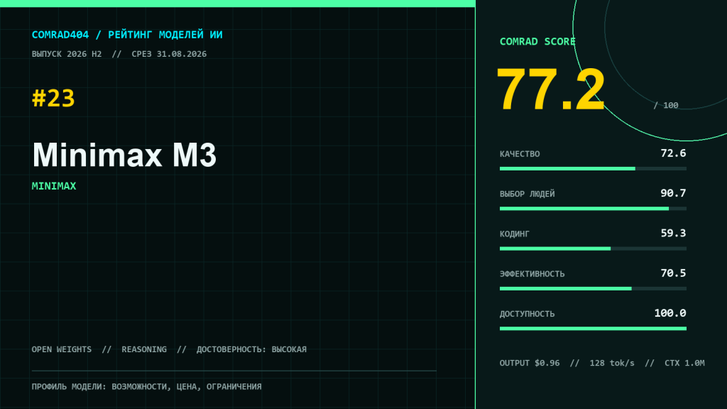 Профиль MiniMax M3 с COMRAD Score 77,2, контекстом 1 049 000 токенов и пятью редакционными суббаллами