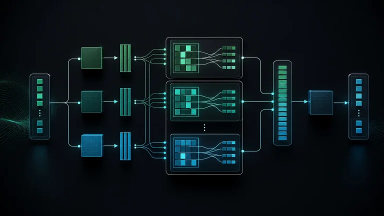 Схема multi-head attention: параллельные проекции query, key и value в несколько голов, объединение результатов и итоговая выходная проекция.