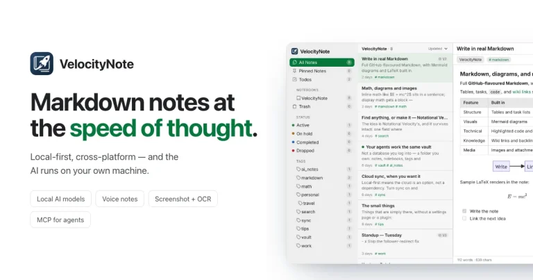 Интерфейс VelocityNote: Markdown-редактор с панелью поиска и боковым меню заметок