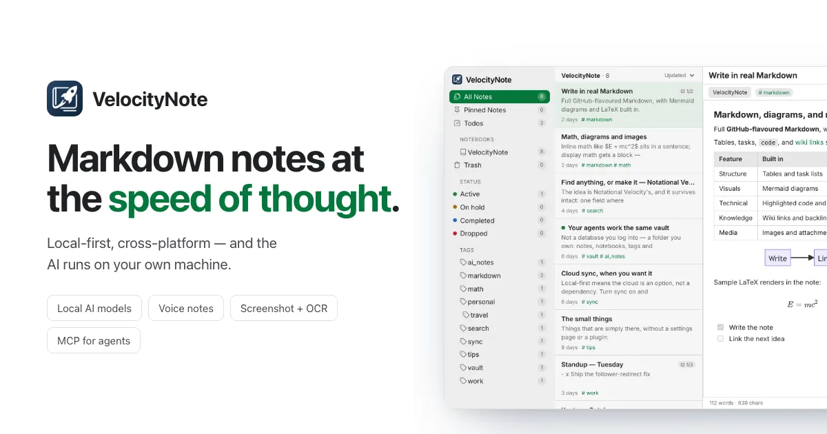 Интерфейс VelocityNote: Markdown-редактор с панелью поиска и боковым меню заметок