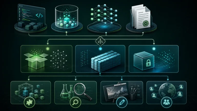 Схема, показывающая различие между open source AI, open weights и source-available: свободы OSI, лицензия, код, данные и веса как обязательные элементы оценки релиза.