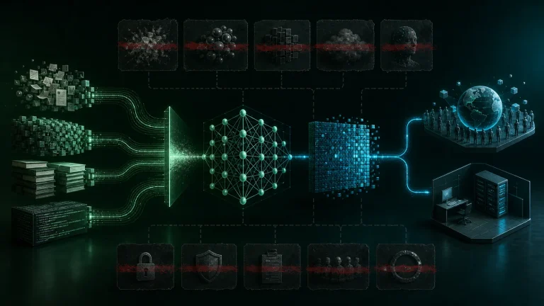 Схема: путь от данных и кода обучения к весам модели, затем к публикации open weights и локальному запуску, с пометкой о недостающих материалах вроде данных и training code