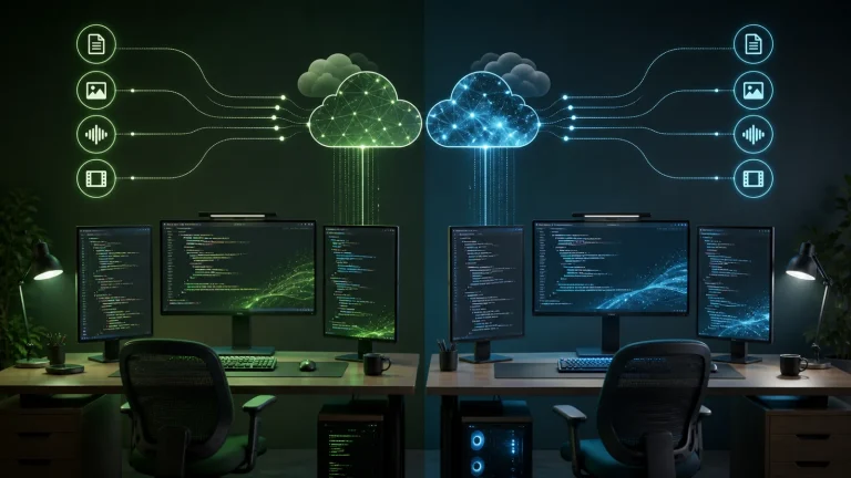 Сравнение OpenAI API и Google Gemini API: две колонки с документацией, кодом Python и схемой мультимодального workflow.