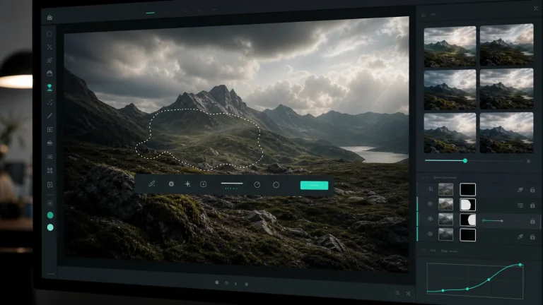 Интерфейс Photoshop с выделенной областью изображения, Contextual Task Bar и вариантами Generative Fill в панели Properties
