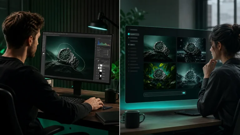 Сравнение Photoshop Generative Fill и Midjourney: слева точечная правка изображения по выделению, справа генерация нескольких вариантов в веб-интерфейсе