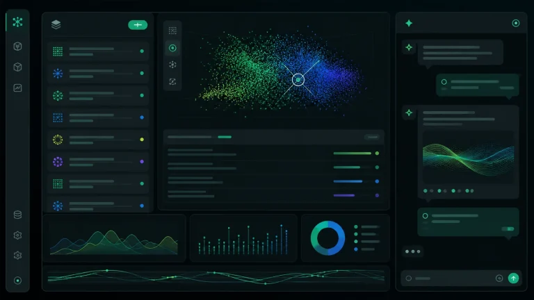 Интерфейс Pinecone с векторными индексами, мониторингом метрик и рабочим окном Assistant