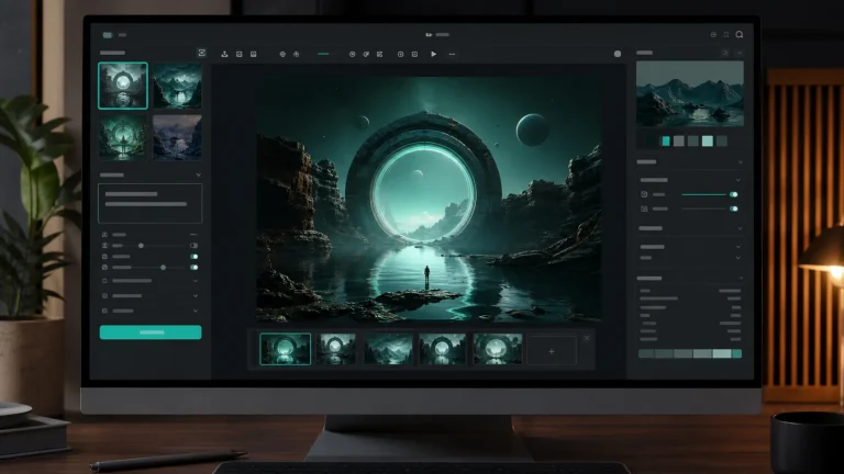 Интерфейс Recraft Studio с canvas, панелью prompt и Context panel для параметров генерации