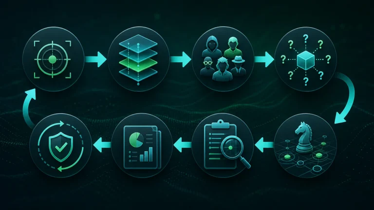 Схема процесса red teaming для ИИ: область теста, выбор слоя модели или приложения, открытое тестирование, направленные проверки, логирование, отчёт и перепроверка через production UI