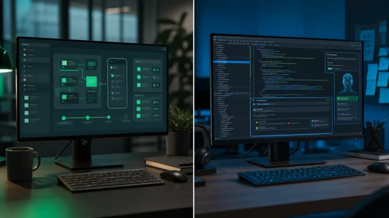 Сравнение браузерной AI-среды разработки и IDE-ассистента для программирования на двух экранах