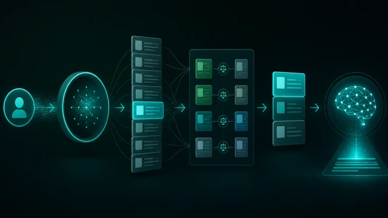 Схема двухэтапного поиска: запрос, первичный retrieval, набор кандидатов, reranker, отсортированный top-k для выдачи или RAG.