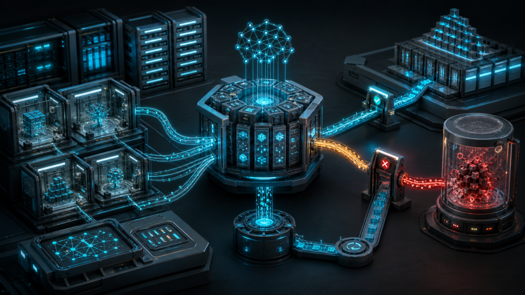 Схема self-evolving coding agent: трасса задачи превращается в кандидата навыка, проходит карантин, eval gate и canary, после чего допускается в skill bank или откатывается