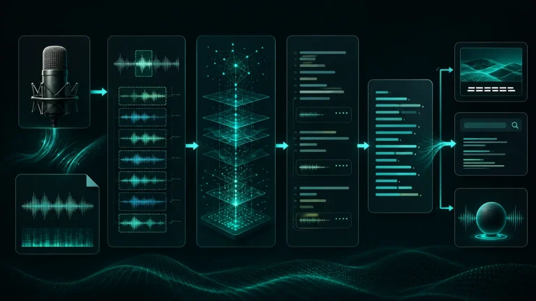 Схема работы ASR: аудиопоток или файл проходит через разбиение на фрагменты, ASR-модель, постобработку с таймкодами и confidence, после чего получается текстовая расшифровка.