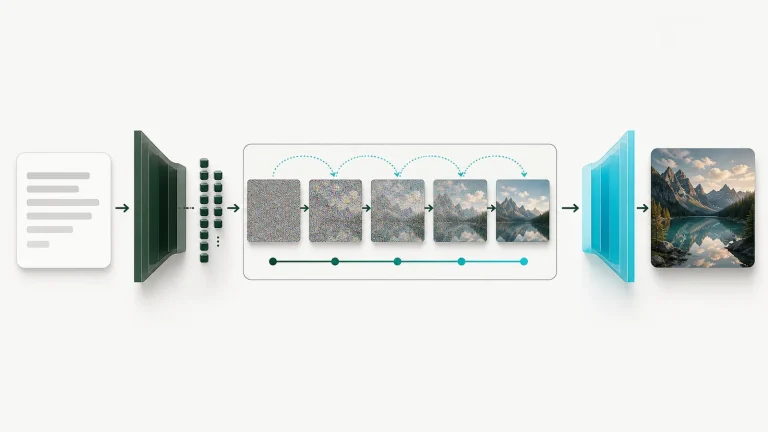 Схема Text-to-Image: текстовый промпт превращается в изображение через этапы кодирования, генерации из шума и декодирования