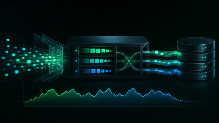 Схема измерения throughput: источник нагрузки, устройство и буферы, канал и получатель, подсчёт объёма данных и потерь за интервал времени.