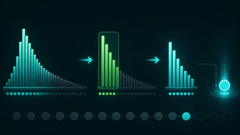 Схема работы top-k sampling: модель оставляет k наиболее вероятных токенов, исключает остальные, перенормирует вероятности и выбирает следующий токен.