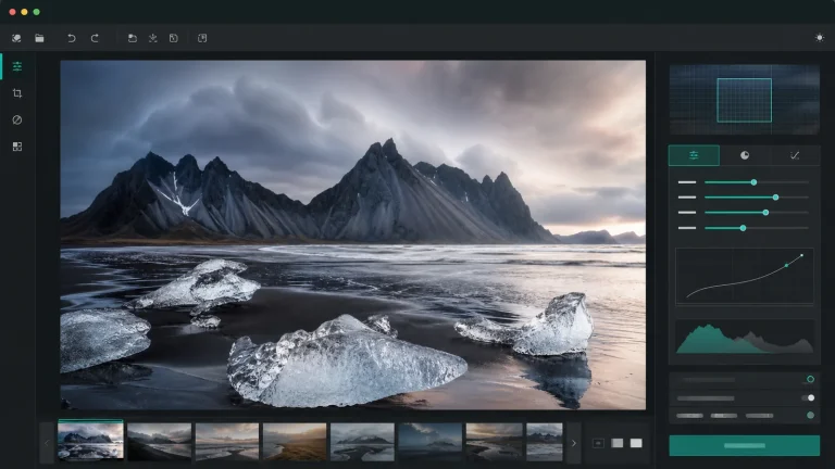 Интерфейс Topaz Photo AI с предпросмотром фотографии, правой панелью фильтров и настройками экспорта