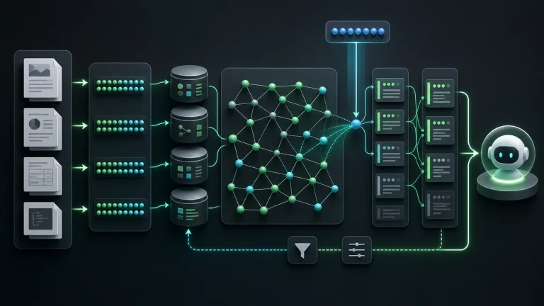 Схема работы векторной БД: документы превращаются в embeddings, сохраняются с метаданными, индексируются через ANN/HNSW, затем запрос превращается в вектор, выполняется поиск ближайших соседей, фильтры, hybrid search и reranking для RAG.